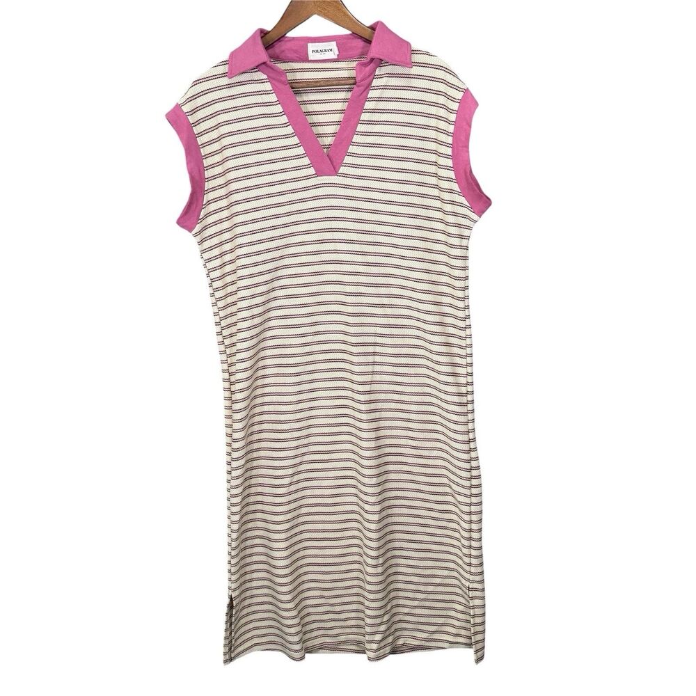 Polagram Dress Collared Striped Cream Pink Small Dolman Sleeve Midi Preppy Flowy